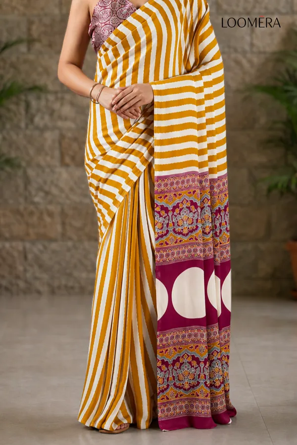Premium_Yellow_and_White_Striped_Saree_with_Ajrakh_Pallu