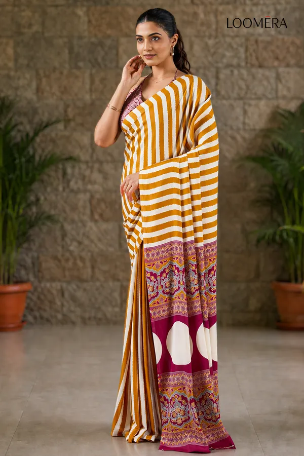 Premium_Yellow_and_White_Striped_Saree_with_Ajrakh_Pallu