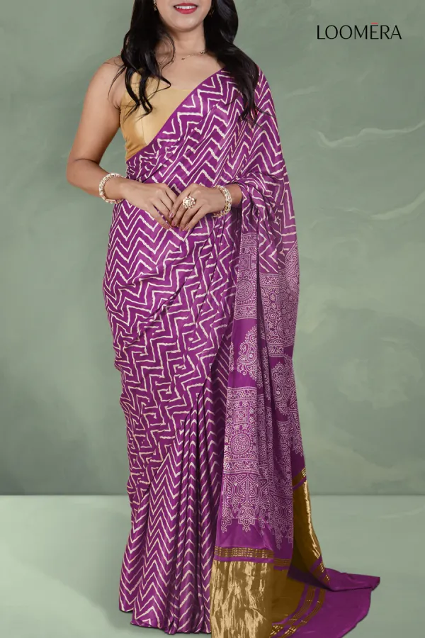 Purple_Ajrakh_Modal_Silk_Saree_with_Hand_Block_Print