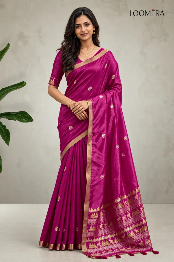 Rani_Pink_Tussar_Silk_Saree_with_Golden_Border
