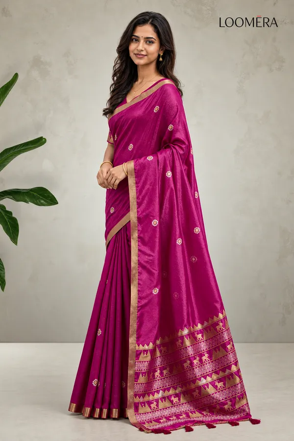 Rani_Pink_Tussar_Silk_Saree_with_Golden_Border