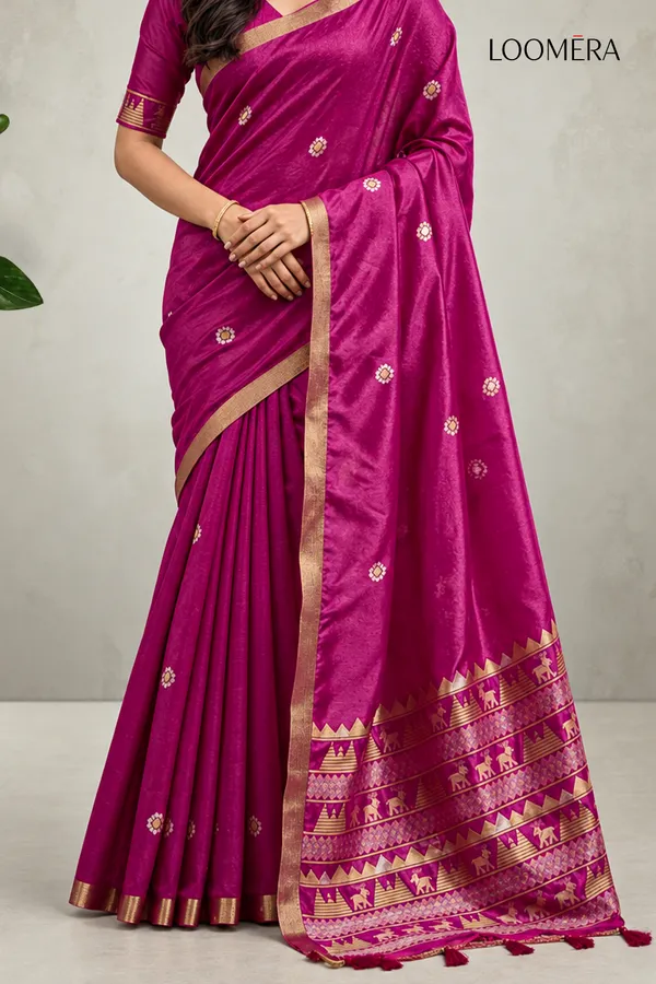 Rani_Pink_Tussar_Silk_Saree_with_Golden_Border