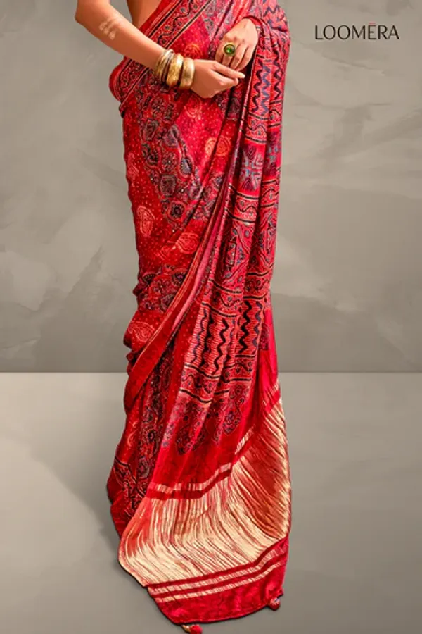 Red_Ajrakh_Gaji_Silk_Saree_with_Khadi_Embroidered_Blouse_Piece