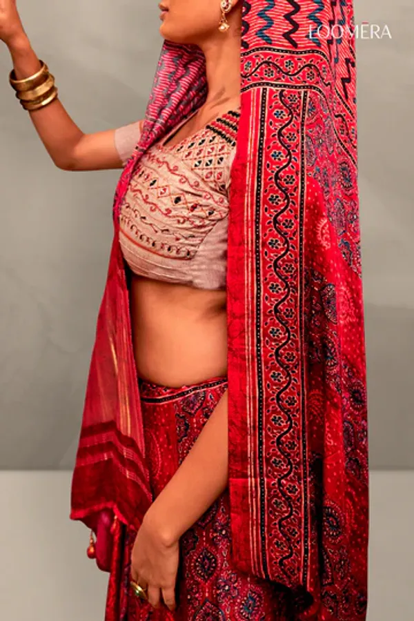 Red_Ajrakh_Gaji_Silk_Saree_with_Khadi_Embroidered_Blouse_Piece