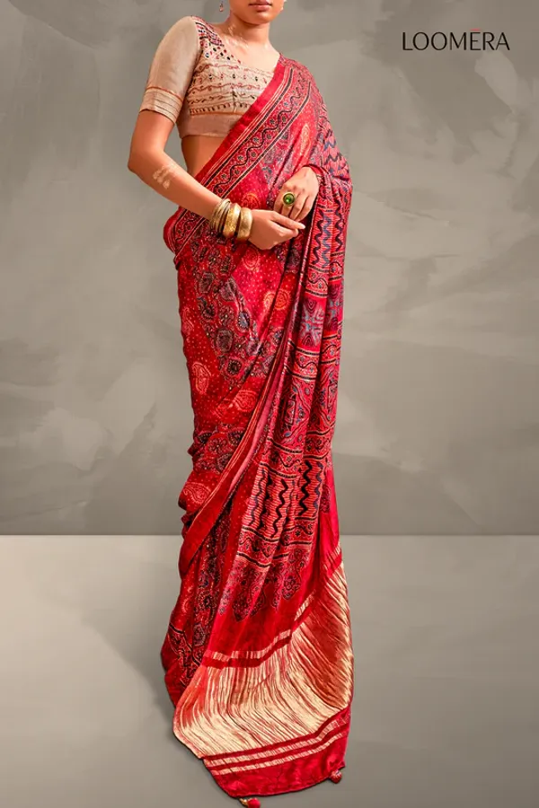 Red_Ajrakh_Gaji_Silk_Saree_with_Khadi_Embroidered_Blouse_Piece