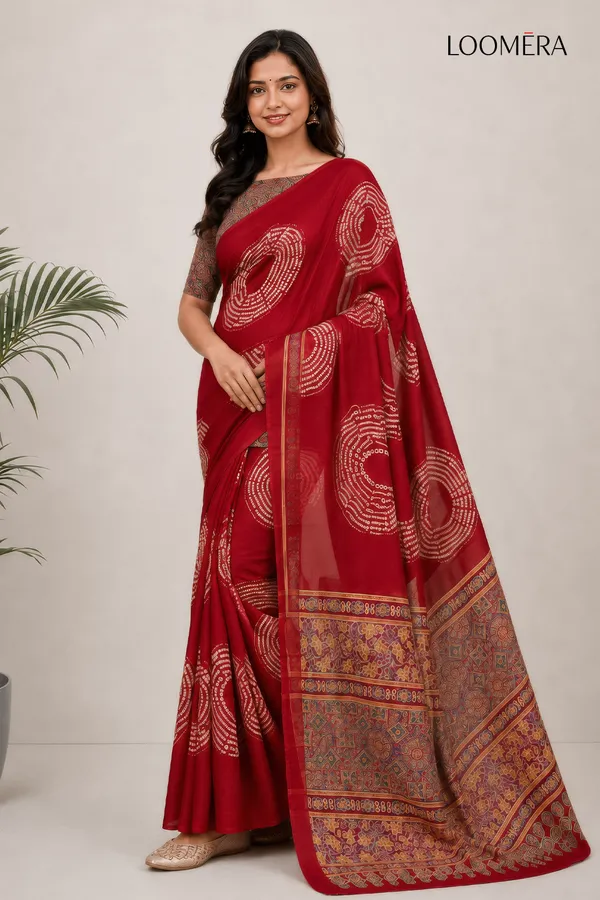Red_Printed_Saree_with_Ajrakh_Pallu