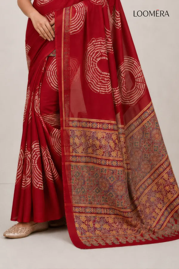 Red_Printed_Saree_with_Ajrakh_Pallu