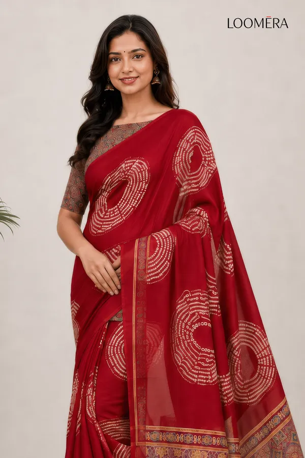 Red_Printed_Saree_with_Ajrakh_Pallu