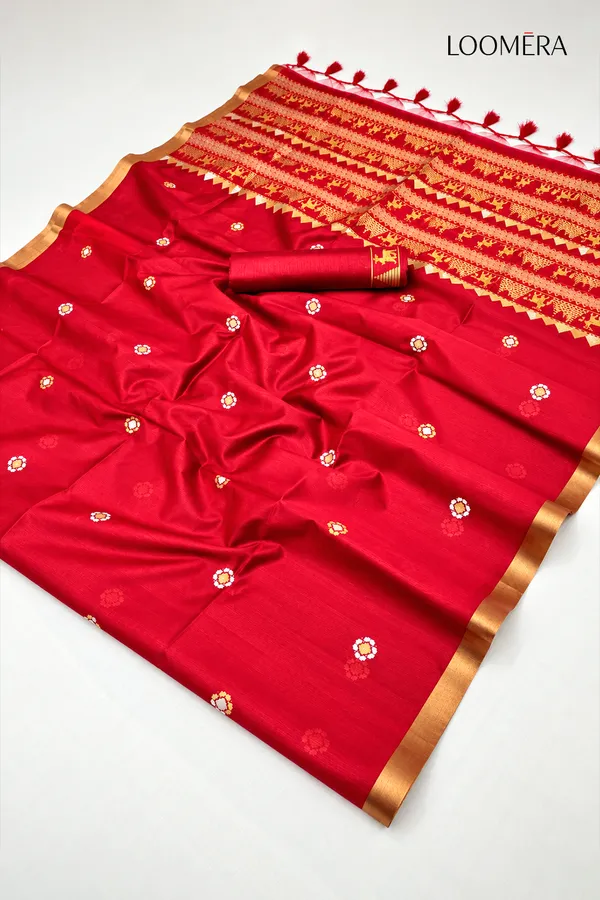 Red_Tussar_Silk_Saree_with_Golden_Border