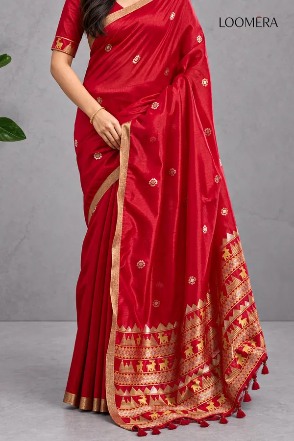 Red_Tussar_Silk_Saree_with_Golden_Border