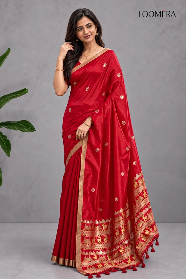 Red_Tussar_Silk_Saree_with_Golden_Border