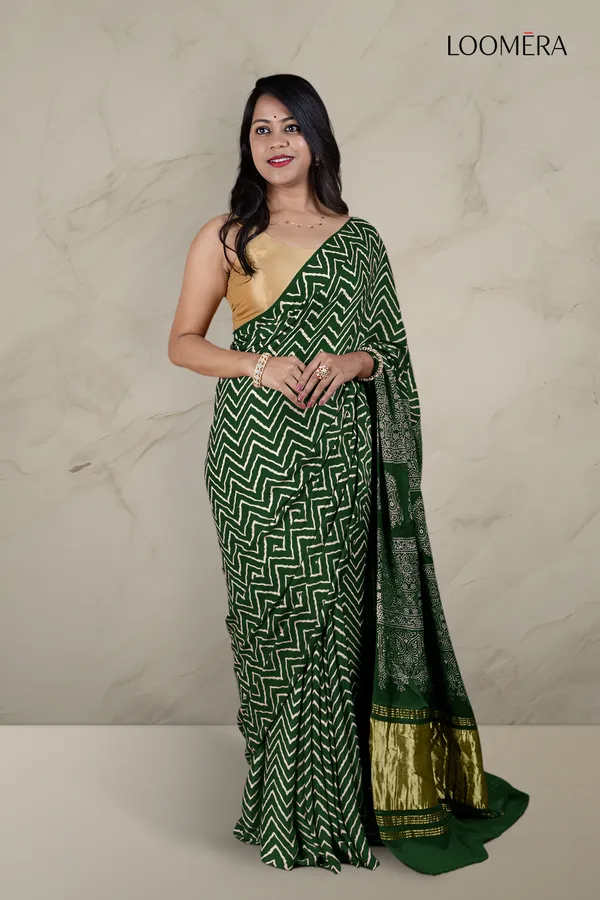 Dark_Green_Ajrakh_Modal_Silk_Saree_With_Hand_Block_Print