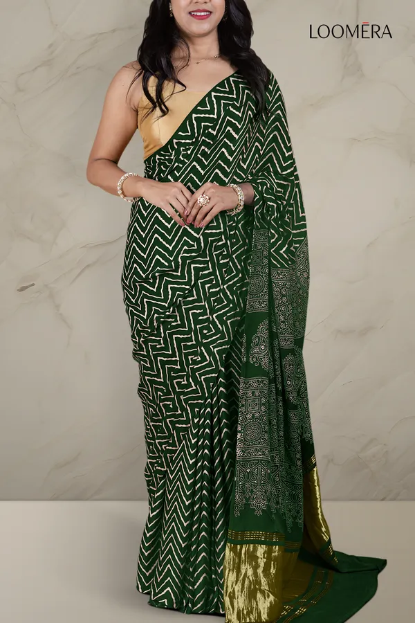 Dark_Green_Ajrakh_Modal_Silk_Saree_With_Hand_Block_Print