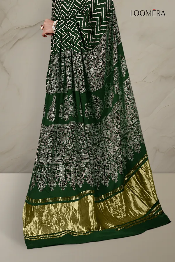 Dark_Green_Ajrakh_Modal_Silk_Saree_With_Hand_Block_Print