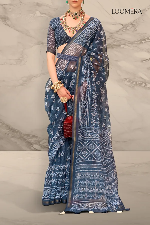 Navy_Blue_Printed_Cotton_Saree