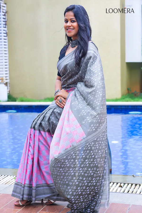 Grey_And_Pink_Handloom_Ikat_Saree