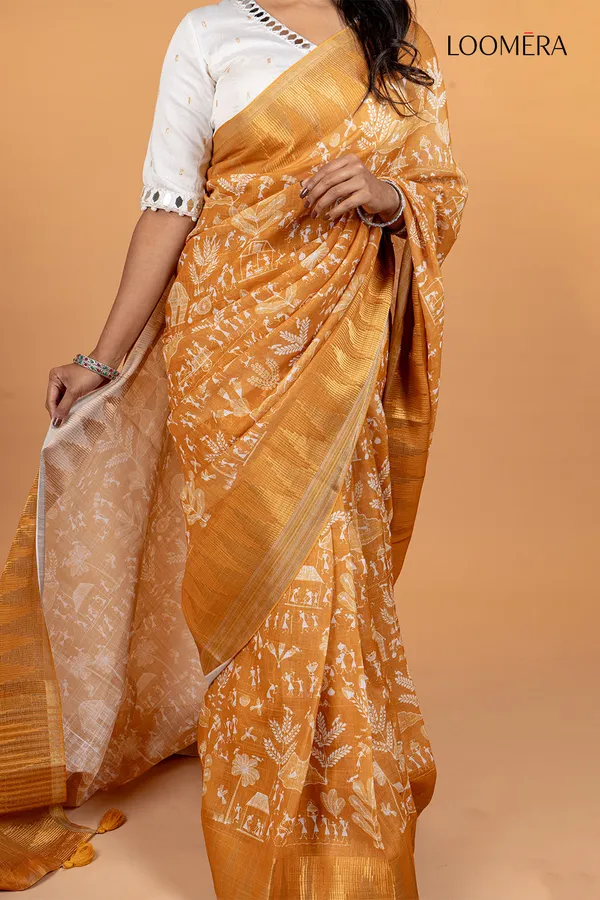 Mustard_Yellow_Cotton_Printed_Saree_With_Zari_Border_And_Readymade_Blouse