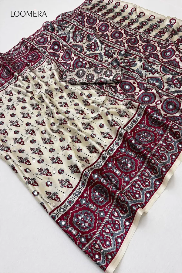 Premium_Ajrakh_Print_Cream_Modal_Silk_Saree_with_Mirror_Work
