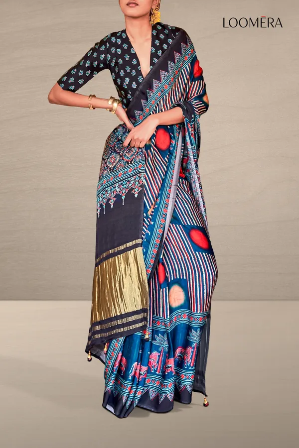 Yale_Blue_Soft_Gajji_Silk_Saree_With_Ajrakh_Prints