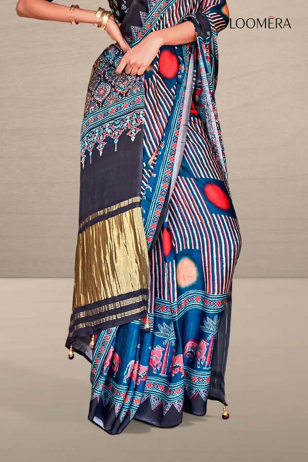 Yale_Blue_Soft_Gajji_Silk_Saree_With_Ajrakh_Prints