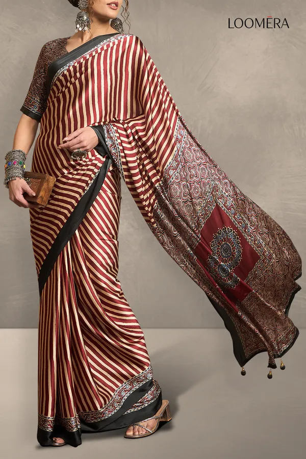 Rustic_Maroon_Gaji_Modal_Silk_Saree_With_Ajrakh_Prints