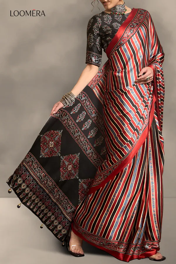 Coral_Red_Gaji_Modal_Silk_Saree_With_Multicolour_Stripes