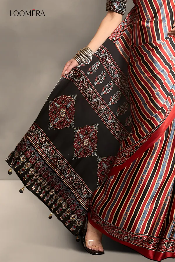 Coral_Red_Gaji_Modal_Silk_Saree_With_Multicolour_Stripes