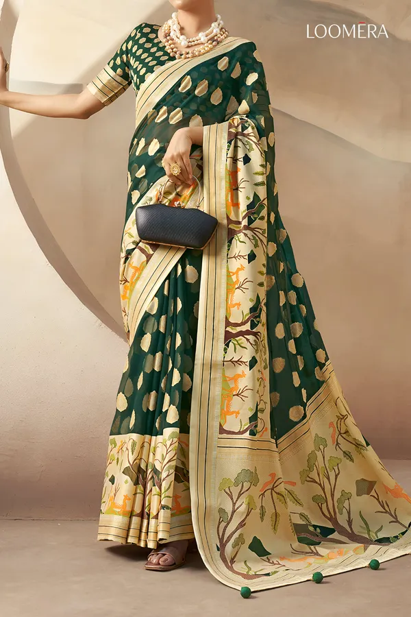 Forest_Green_Georgette_Saree_With_Jacquard_Butta_Design