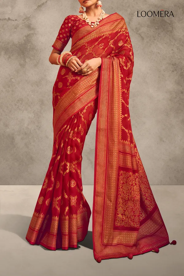 Crimson_Red_Georgette_Saree_With_Gold_Foil_Print