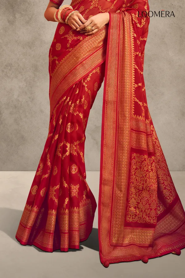 Crimson_Red_Georgette_Saree_With_Gold_Foil_Print