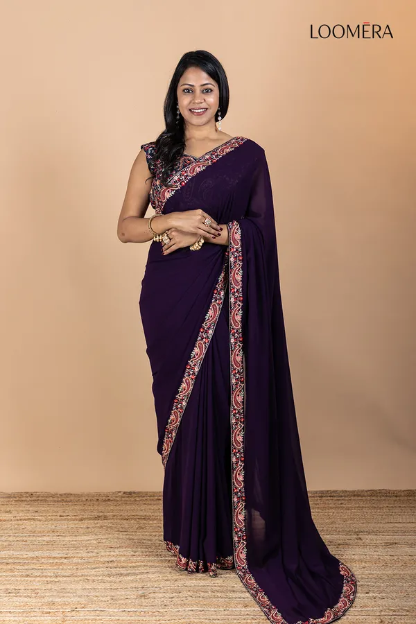 Purple_Georgette_Saree_With_Thread_Work_And_Fancy_Blouse