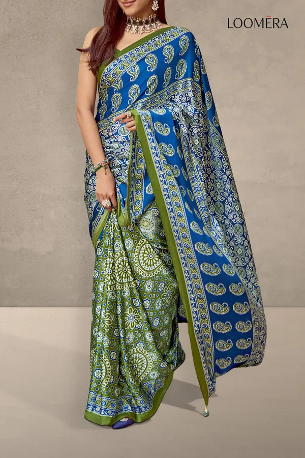 Green_And_Blue_Soft_Modal_Silk_Saree_With_Ajrakh_Prints