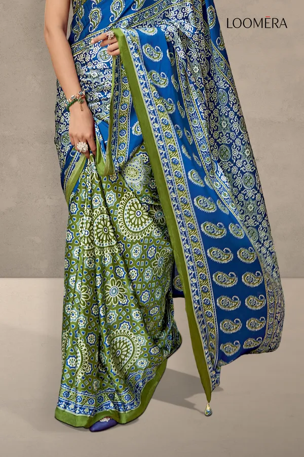 Green_And_Blue_Soft_Modal_Silk_Saree_With_Ajrakh_Prints
