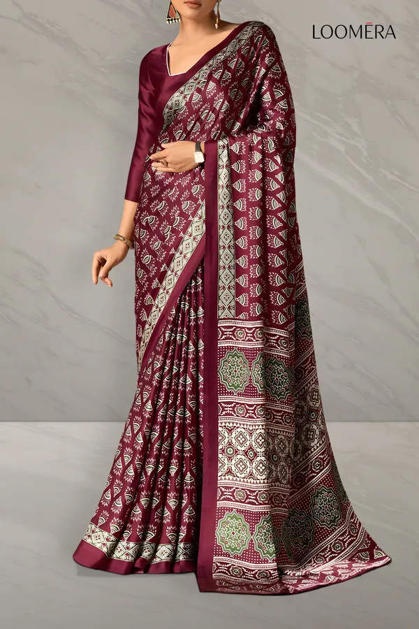 Maroon_Soft_Modal_Silk_Saree_With_Ajrakh_Prints