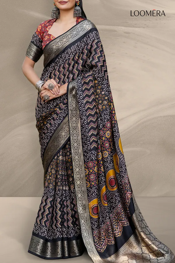 Black_Ajrakh_Printed_Viscose_Jari_Saree