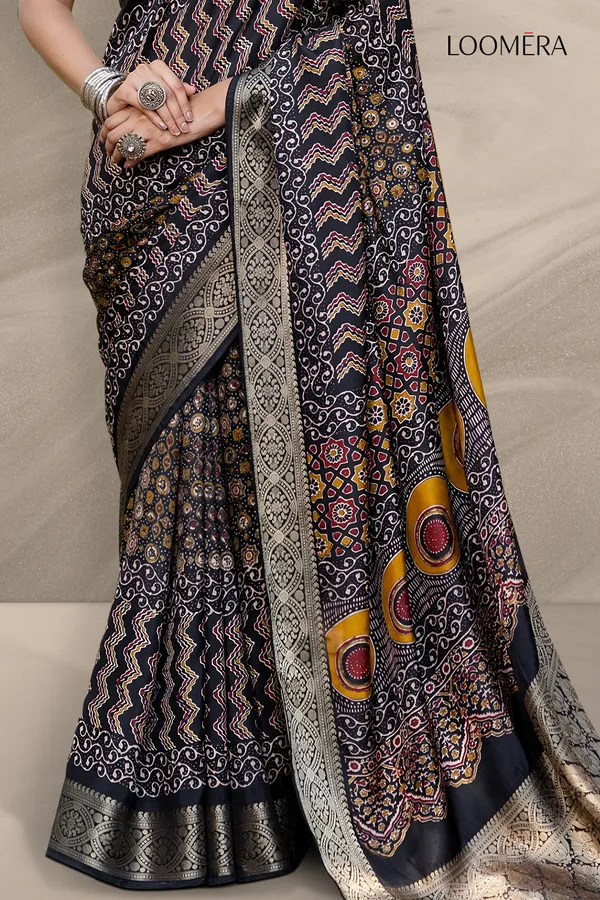 Black_Ajrakh_Printed_Viscose_Jari_Saree