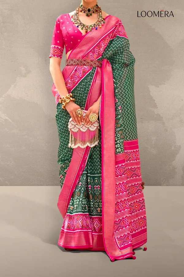 Green_And_Pink_Printed_Patola_Saree