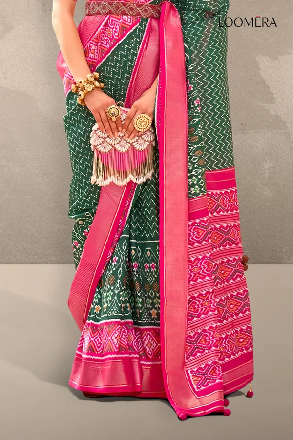 Green_And_Pink_Printed_Patola_Saree