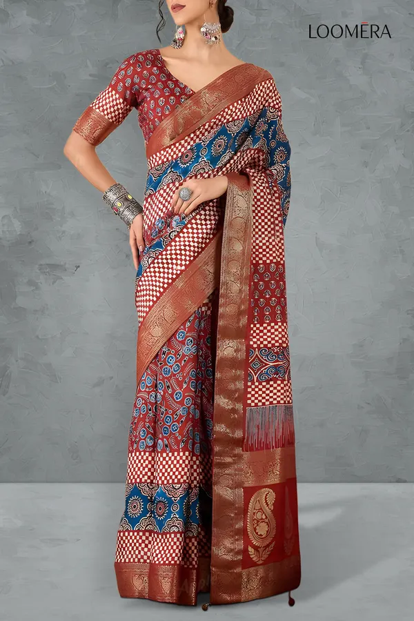 Ajrakh_Printed_Multicolor_Saree_With_Copper_Zari_Work