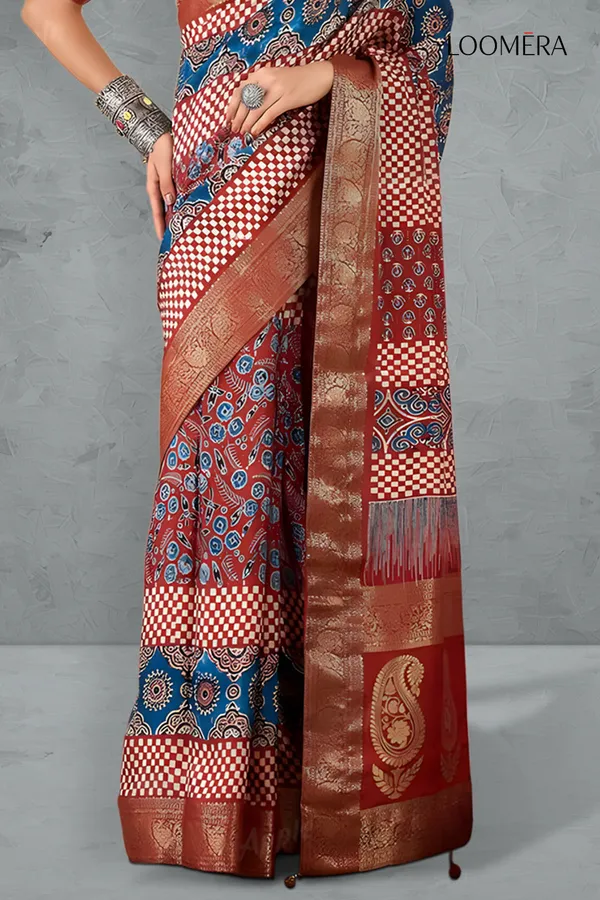Ajrakh_Printed_Multicolor_Saree_With_Copper_Zari_Work