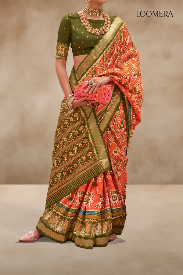 Orange_And_Green_Patola_Print_Saree