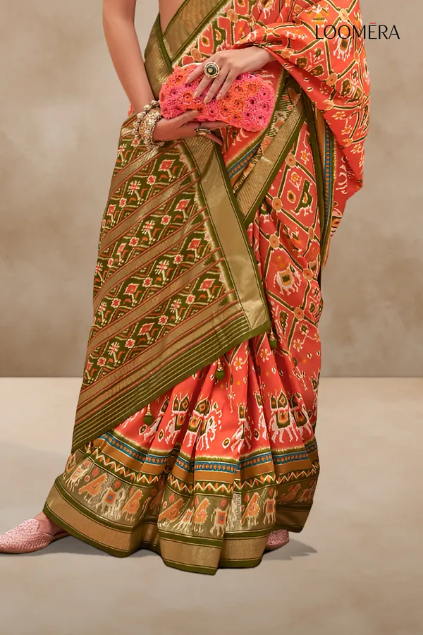 Orange_And_Green_Patola_Print_Saree