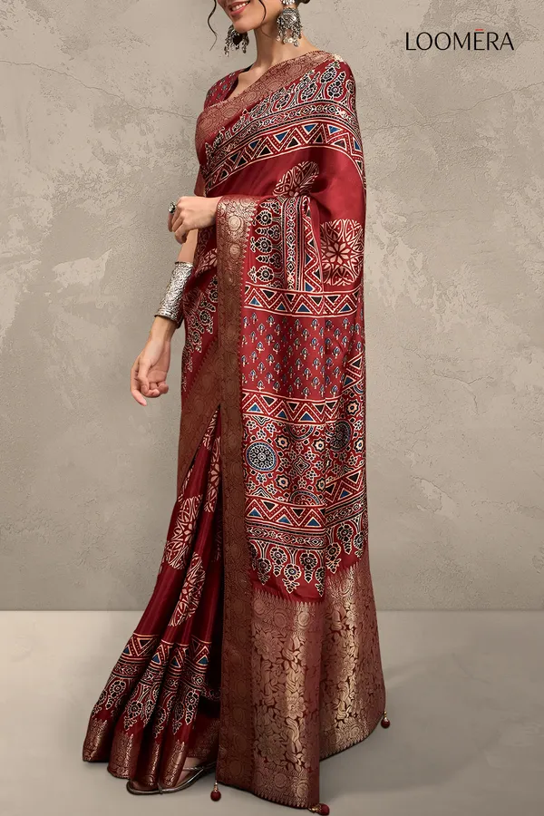 Burgundy_Red_Ajrakh_Printed_Viscose_Jari_Saree