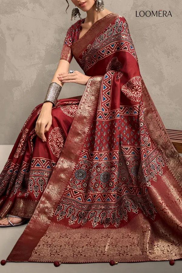 Burgundy_Red_Ajrakh_Printed_Viscose_Jari_Saree