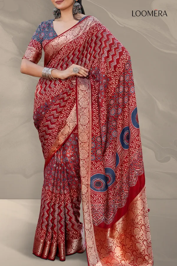 Wine_Red_Ajrakh_Printed_Viscose_Jari_Saree