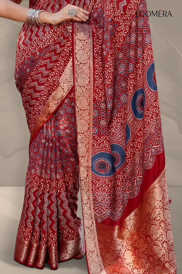 Wine_Red_Ajrakh_Printed_Viscose_Jari_Saree
