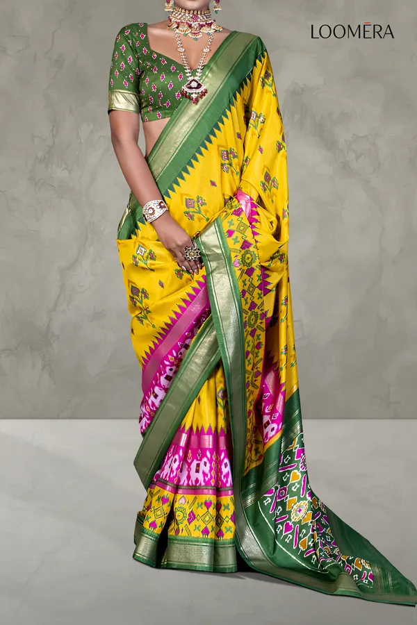 Marigold_Yellow_Patola_Saree_With_Green_Zari_Border