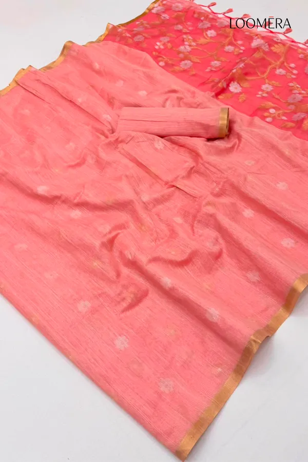 Peach_Pink_Munga_Cotton_Saree_with_Golden_Border