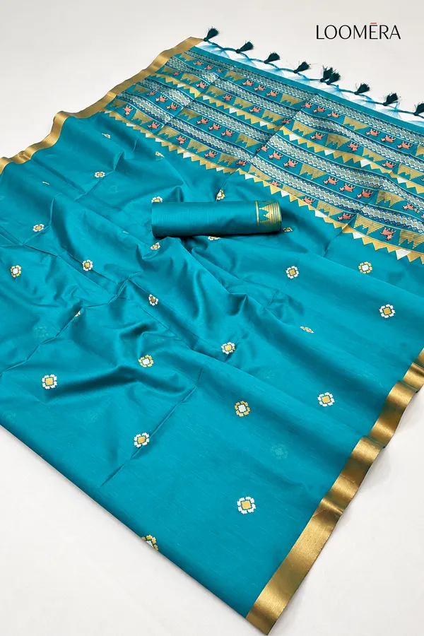 Teal_Blue_Tussar_Silk_Saree_with_Golden_Border