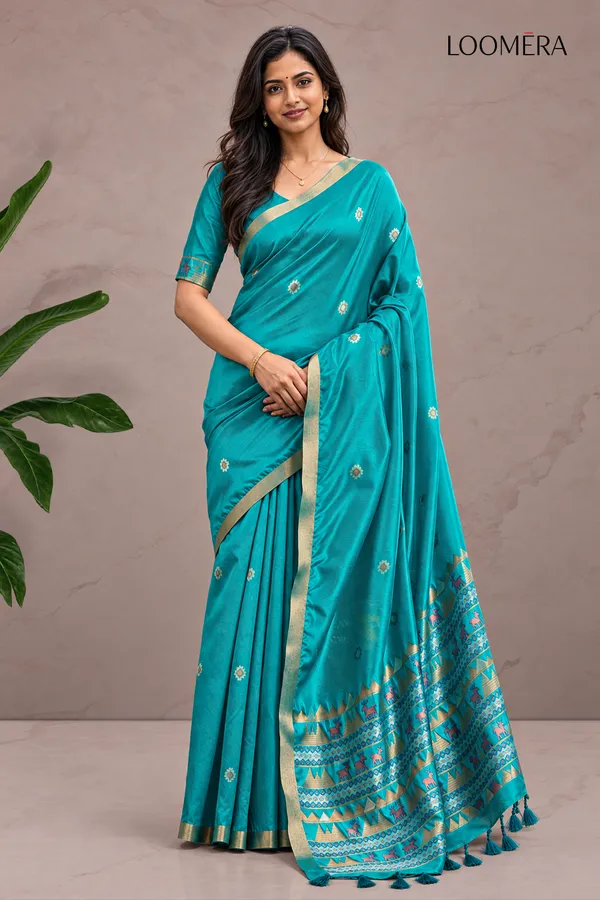 Teal_Blue_Tussar_Silk_Saree_with_Golden_Border